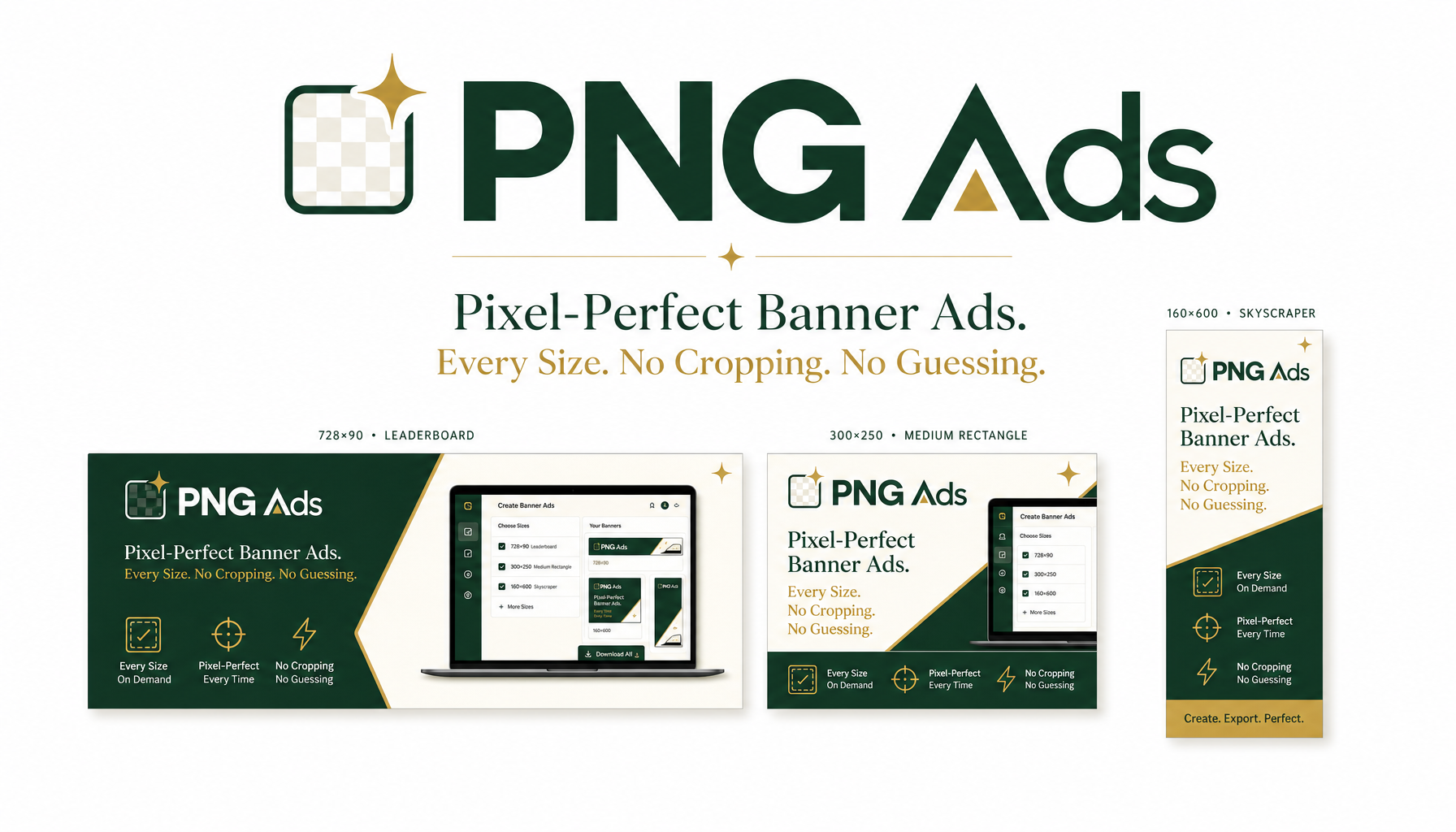 PNG Ads hero — wordmark and three pixel-perfect banner ad examples