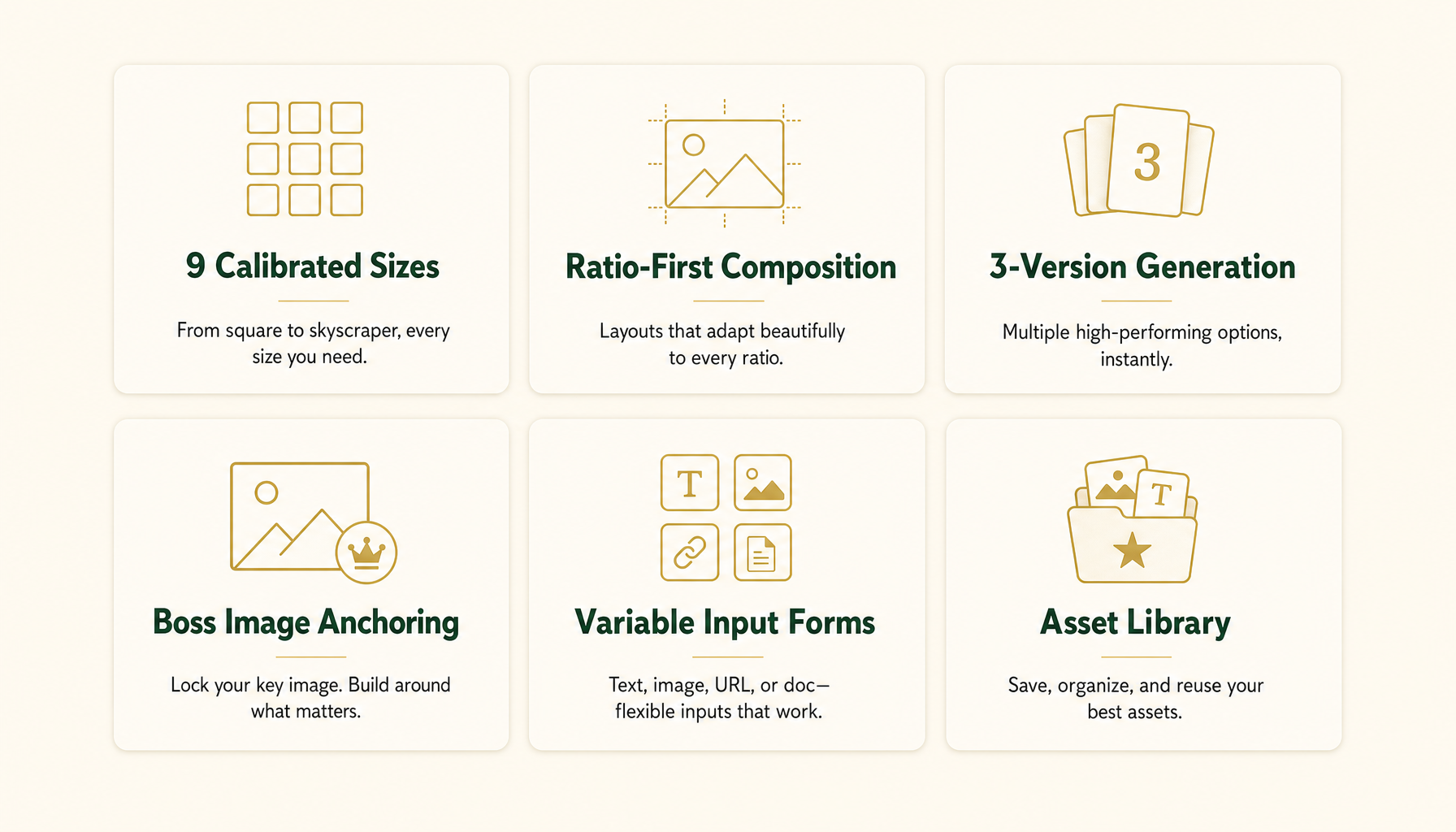 Feature grid — 3×2 cards with gold icons on cream background