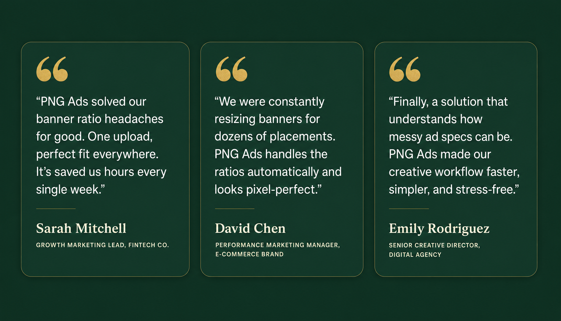 Three testimonial quote cards on forest green background